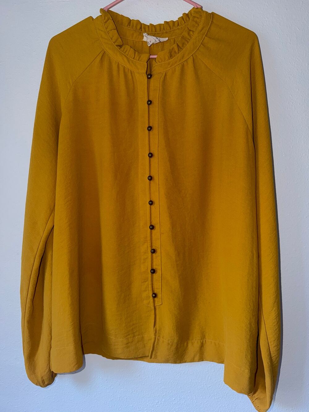 Mustard Ruffle Collar Button Down Blouse Vintage Inspired Boho Chic Size XL
